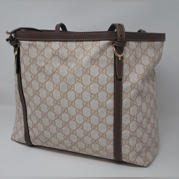 Gucci Women's Bag Tote Satchel Beige Monogram Leather Trim PVC 11.5 x 14.5 - Picture 2 of 16